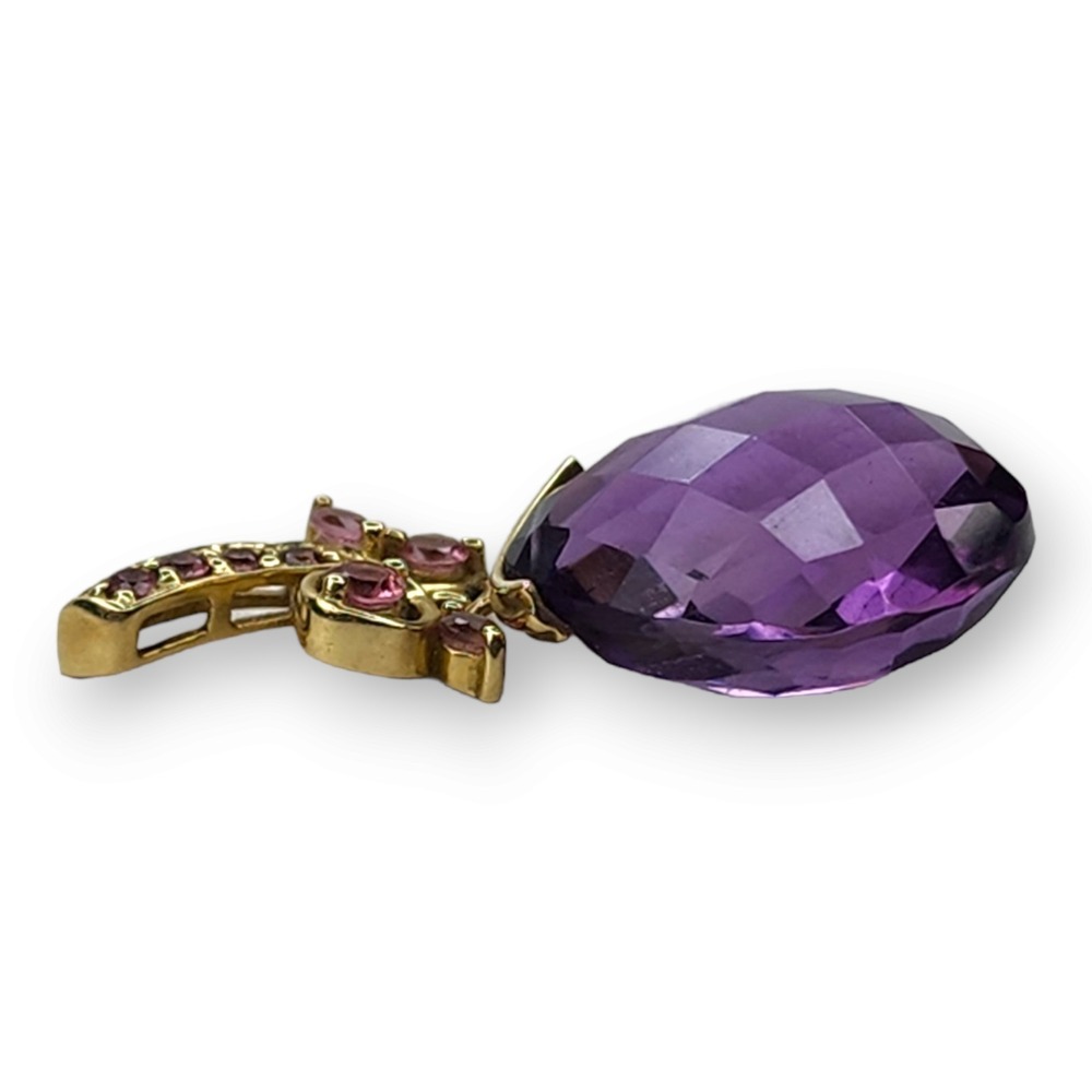 Pendant 10KT Yellow Gold Amethyst Pink Tourmaline Vintage Large Faceted Purple‎ - Picture 6 of 11